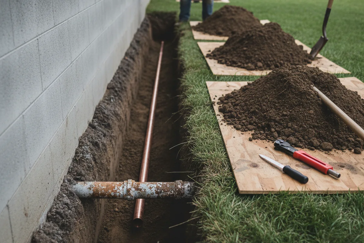 Excavated water line trench during Sewer Line Repair in Ravenwood